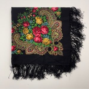 Russian 100% Wool Scarf Shawl Black Floral 35 x 35
